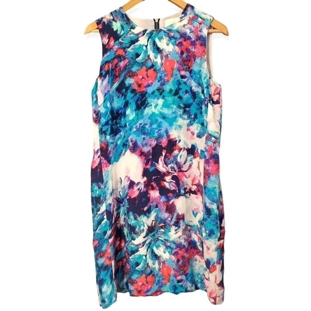 Cynthia Rowley watercolour 100% silk sleeveless lined shift dress